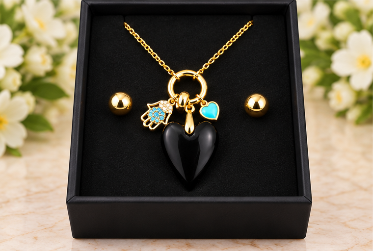 Black Obsidian with Heart Necklace & Earring Set