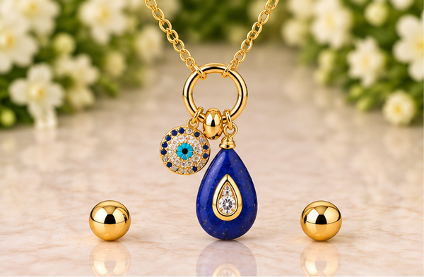 Blue Natural Stone Drop Necklace & Earring Set – 18K Gold Plated