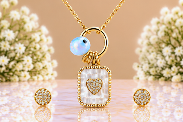 White Heart Necklace & Earring Set – 18K Gold Plated