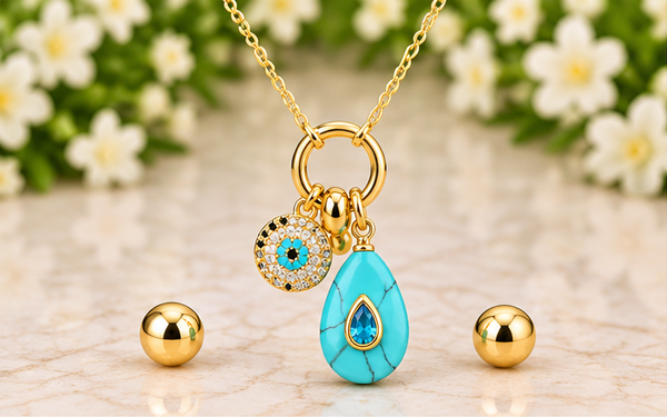 Turquoise Natural Stone Drop Necklace & Earring Set – 18K Gold Plated