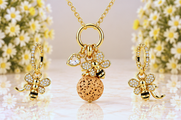 Bee Black Necklace & Earring Set – 18K Gold Plated