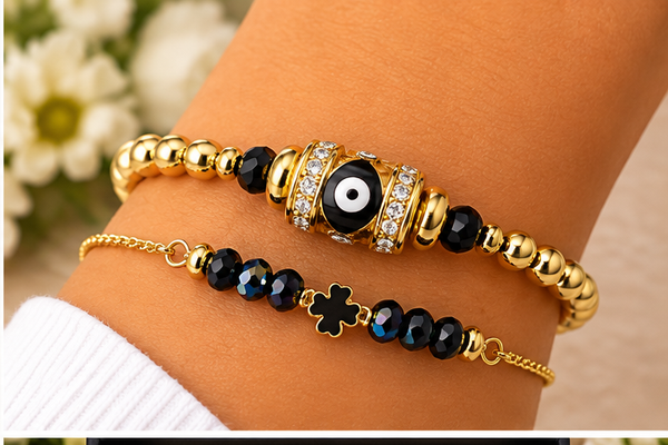 Evil Eye Cubic Zirconia Bracelet Set – 18K Gold Plated Black