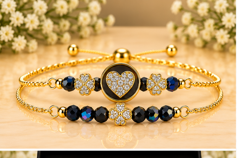Black Heart Cubic Zirconia Bracelet with Clovers