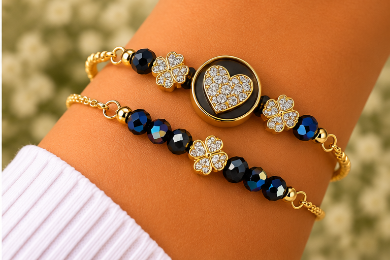 Black Heart Cubic Zirconia Bracelet with Clovers