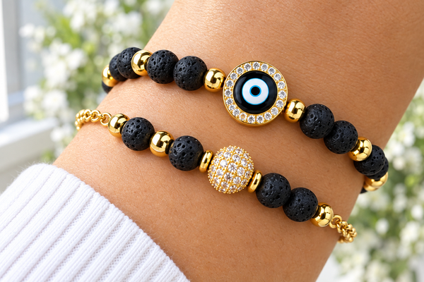 Black Lava with Eye Cubic Zirconia Bracelet – 18K Gold Plated