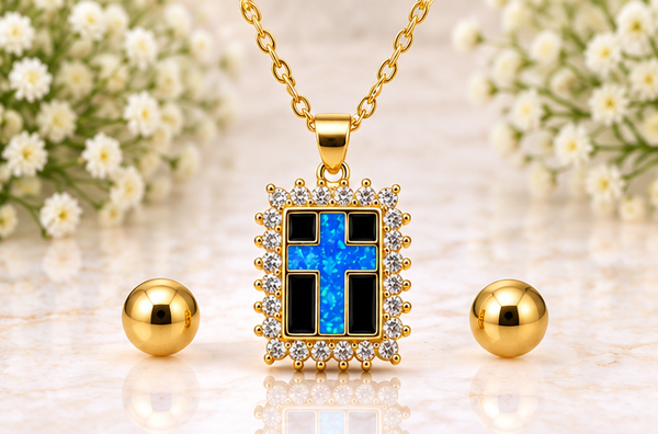 Zirconia Cross Necklace Set – 18K Gold Plated Bue