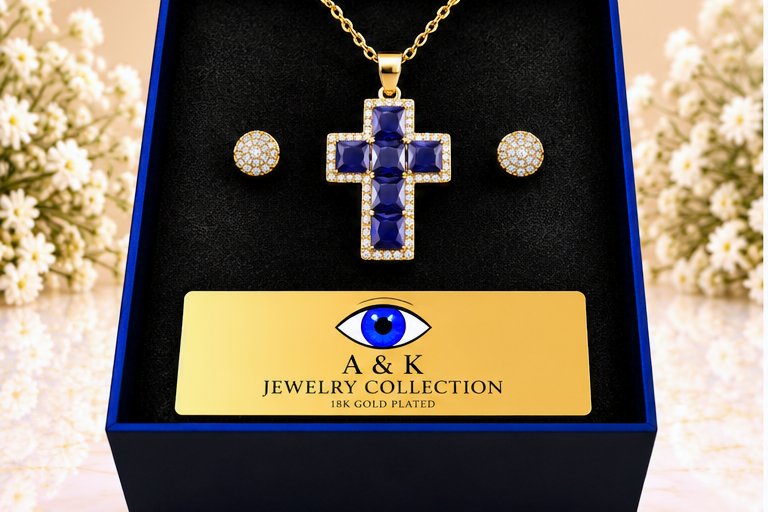 Blue Cross Necklace & Earring Set