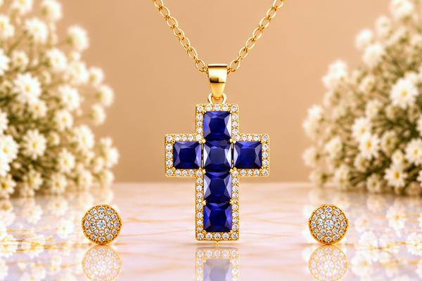 Blue Cross Necklace & Earring Set – 18K Gold Plated