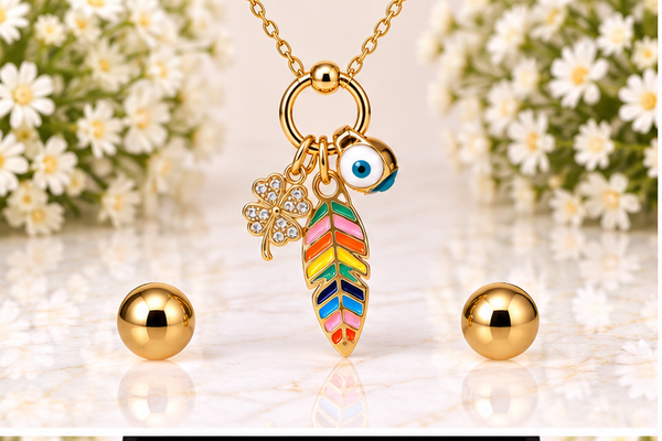 Leaf and Clover Necklace Set – 18K Gold Plated Clear