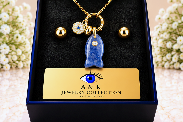 Blue Fish with Eye Necklace & Earring Set