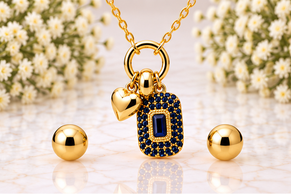 Rectangular Zircon Necklace & Earring Set – 18K Gold Plated Blue
