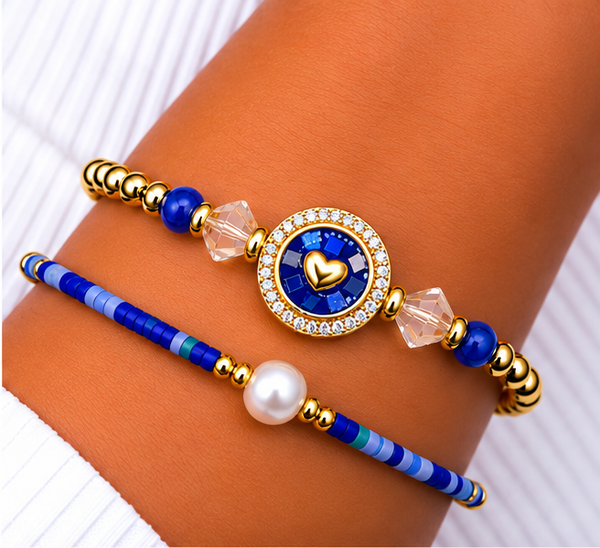 Circle, Shell and Heart Bracelet Set – 18K Gold Plated Blue