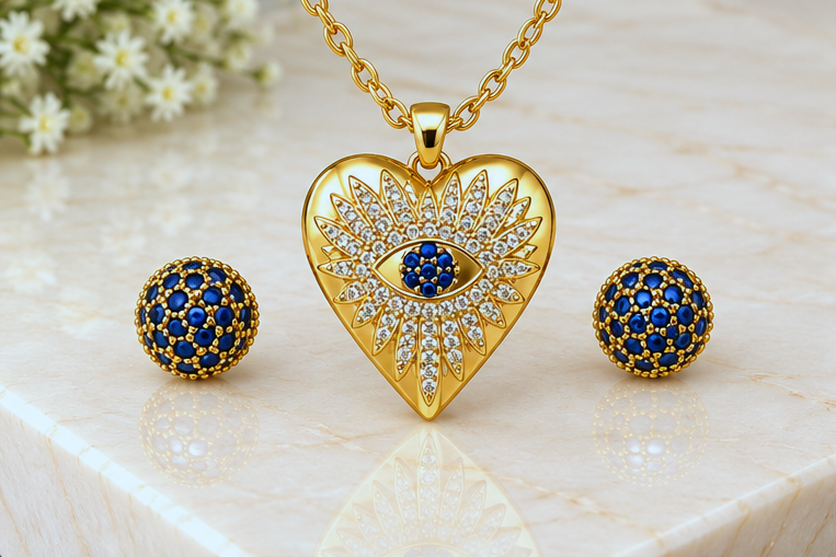 Heart and Eye Necklace & Earring Set