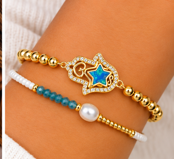Hamsa and Star Bracelet Set – 18K Gold Plated