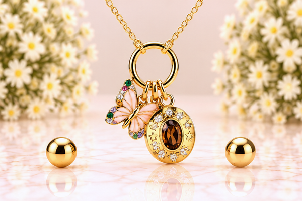 Butterfly Round Brown Necklace & Earring Set – 18K Gold Plated