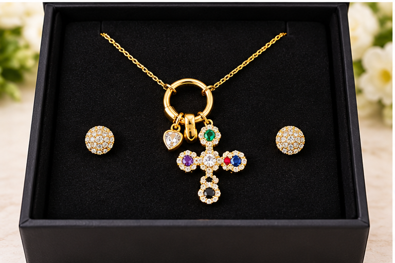 Multicolored Zircon Cross Cubic Zerconia Necklace & Earring Set