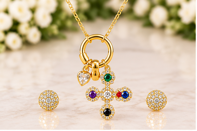 Multicolored Zircon Cross Cubic Zerconia Necklace & Earring Set