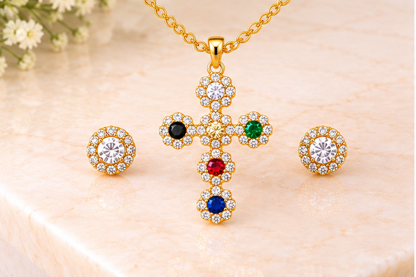 Multicolor Zircon Cross Necklace Set – 18K Gold Plated