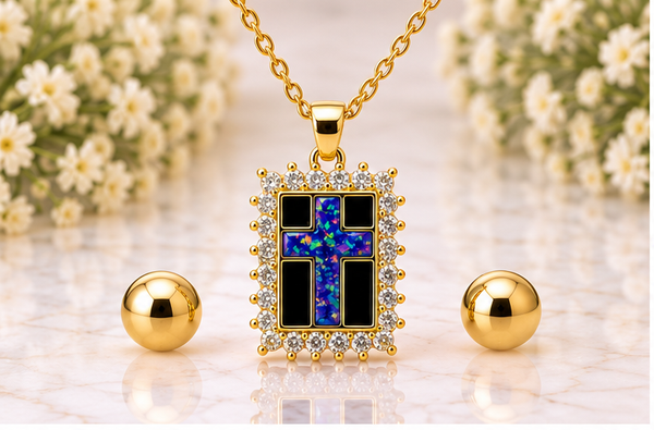 Zirconia Cross Necklace/Earring Set – 18K Gold Plated