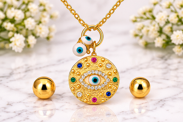 Multicolor Round Eye Necklace & Earring Set – 18K Gold Plated