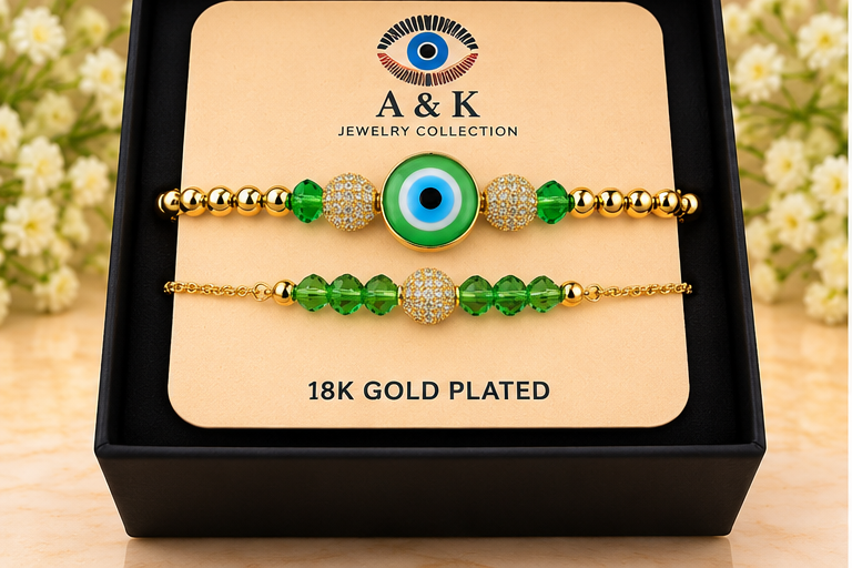 Green Lampwork Evil Eye Cubic Zirconia Bracelet
