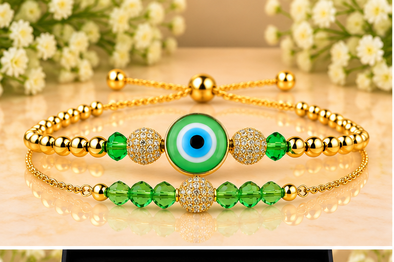 Green Lampwork Evil Eye Cubic Zirconia Bracelet