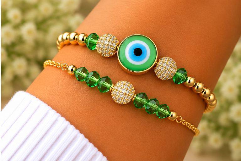 Green Lampwork Evil Eye Cubic Zirconia Bracelet