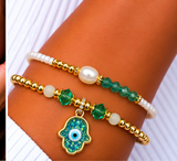 Resin Hamsa Bracelet Set – 18K Gold Plated Light Green