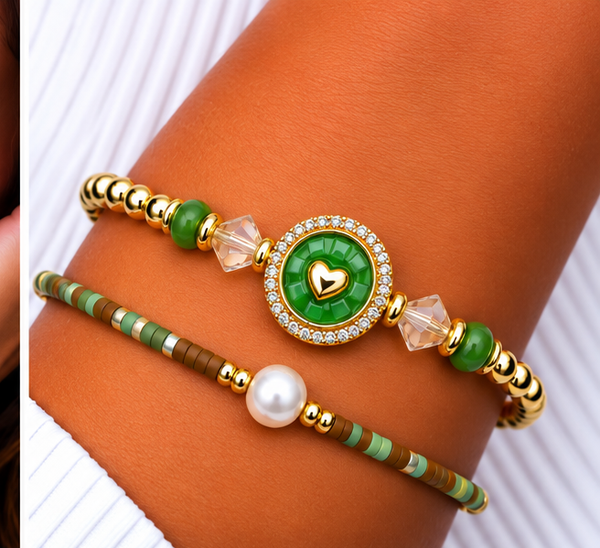 Circle, Shell and Heart Bracelet Set – 18K Gold Plated Green
