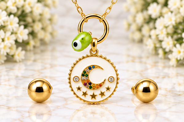Moon and Star Necklace & Earring Set – 18K Gold Plated
