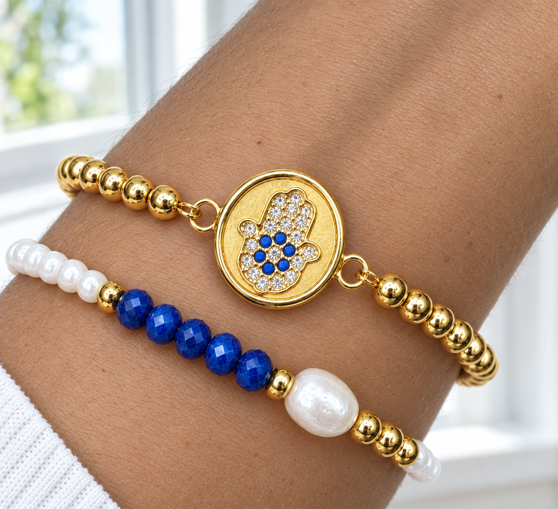 Blue Stone Mini Hamsa Bracelet Set