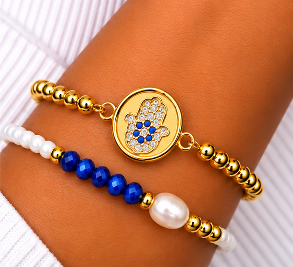 Blue Stone Mini Hamsa Bracelet Set – 18K Gold Plated