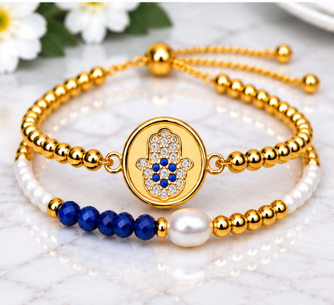 Blue Stone Mini Hamsa Bracelet Set