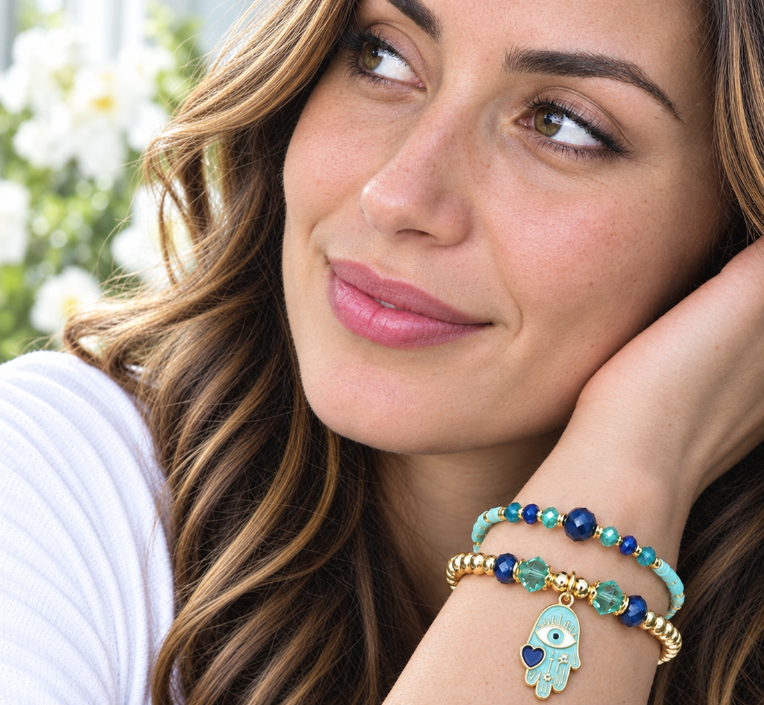 Hamsa Pendant and Heart Bracelet Set