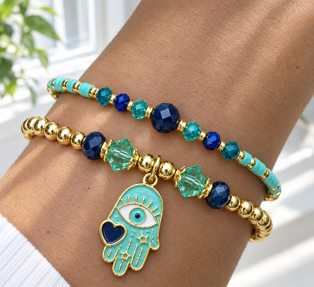 Hamsa Pendant and Heart Bracelet Set