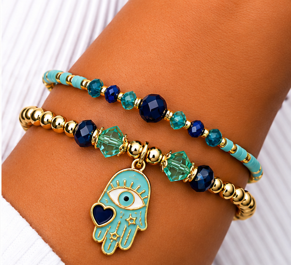 Hamsa Pendant and Heart Bracelet Set – 18K Gold Plated