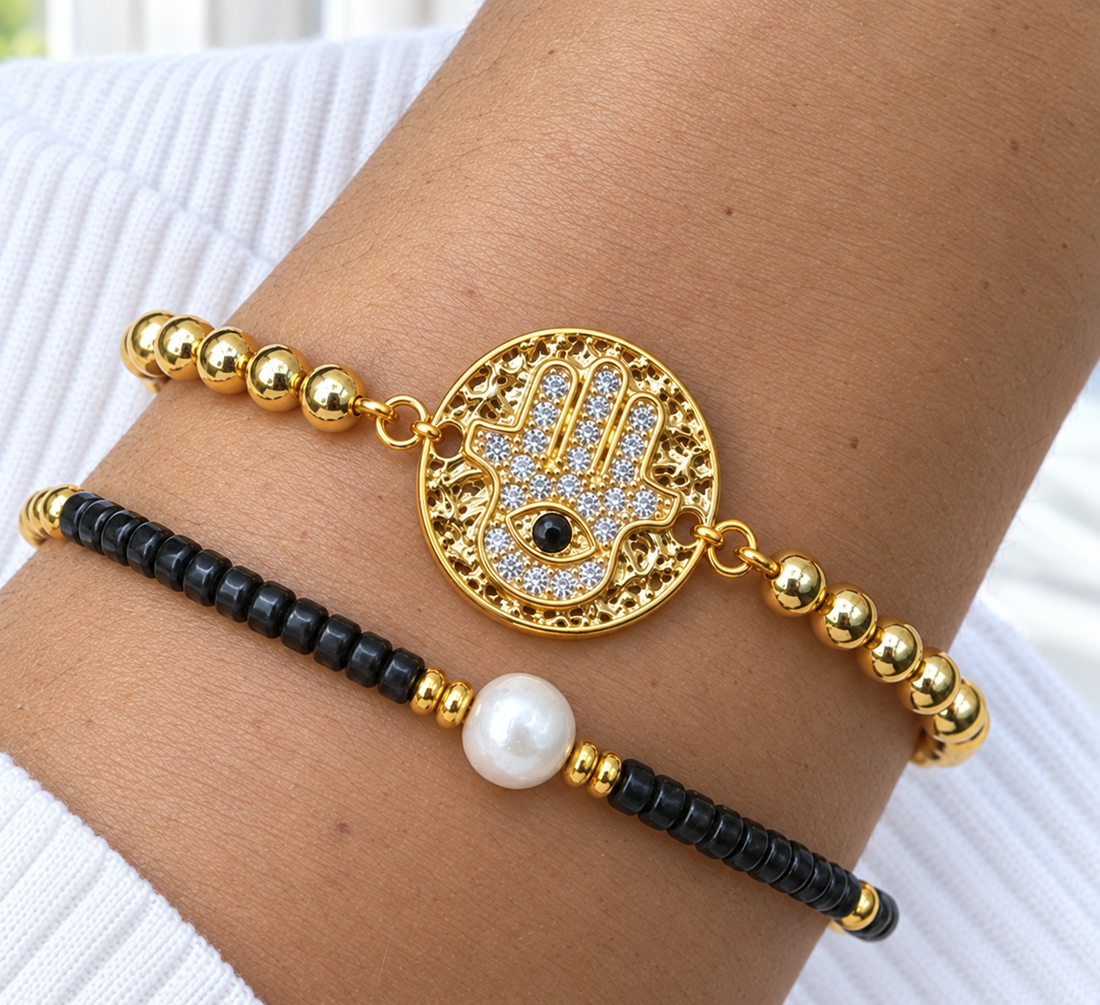 Circle Charm and Hamsa Bracelet Set
