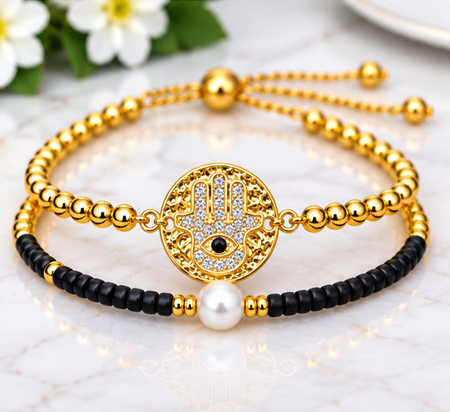 Circle Charm and Hamsa Bracelet Set