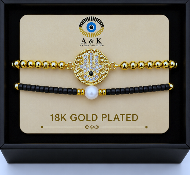 Circle Charm and Hamsa Bracelet Set