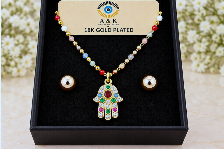 Multicolor Hamsa Necklace & Earring Set