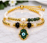 Resin Hamsa Bracelet Set – 18K Gold Plated Green