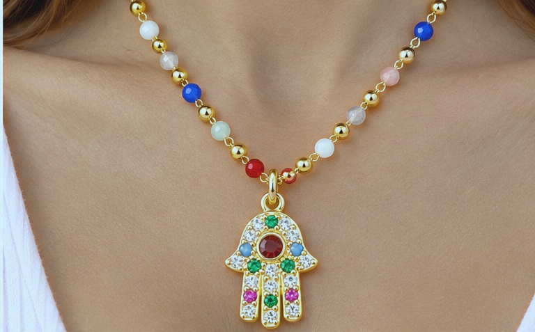 Multicolor Hamsa Necklace & Earring Set