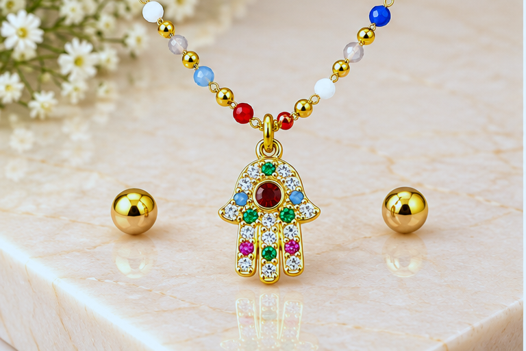 Multicolor Hamsa Necklace & Earring Set