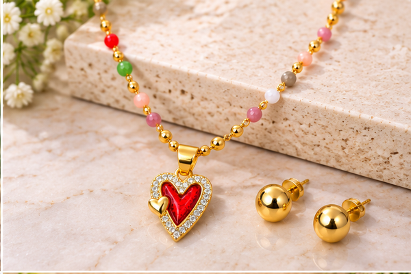 Red Heart Necklace Set – 18K Gold Plated