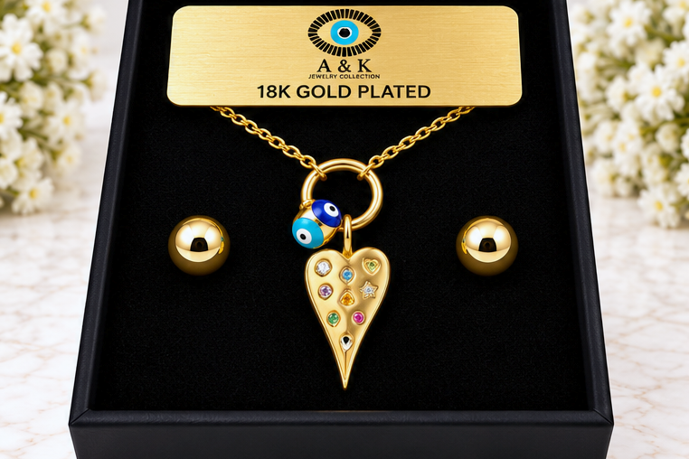 Multicolored Heart Necklace & Earring Set