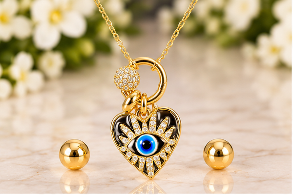 Black Heart Necklace & Earring Set – 18K Gold Plated