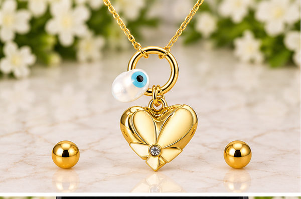 Flower with Eye Necklace & Earring Set – 18K Gold Plated