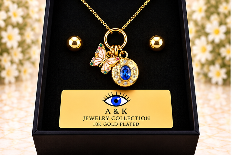 Butterfly Round Blue Necklace/Earring Set