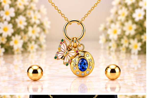 Butterfly Round Blue Necklace/Earring Set – 18K Gold Plated