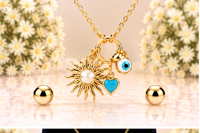 Gold Sun with Eye Necklace/Earring Set